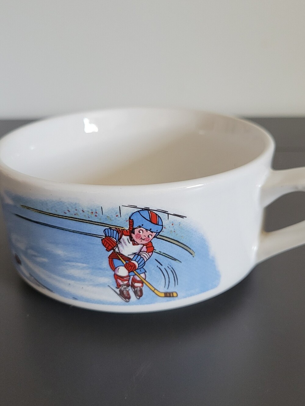 Vintage Campbell’s Soup Kid Hockey Mug 1980s White Ceramic Soup Bowl with Handle